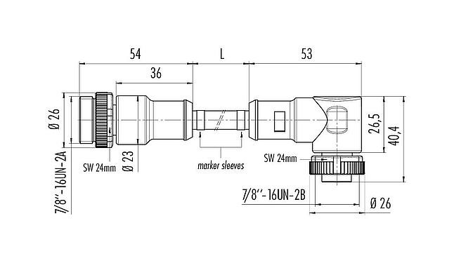Dibujo a escala 7/8" Cable de conexión conector de cable macho - conector de cable hembra, Número de contactos: 4+PE, sin blindaje, moldeado en el cable, IP68, UL 2238, PUR, negro, 5 x 1,50 mm², 10 m