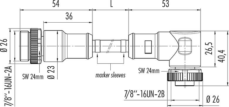 Dibujo a escala 7/8" Cable de conexión conector de cable macho - conector de cable hembra, Número de contactos: 4, sin blindaje, moldeado en el cable, IP68, UL 2238, PUR, negro, 4 x 1,50 mm², 2 m