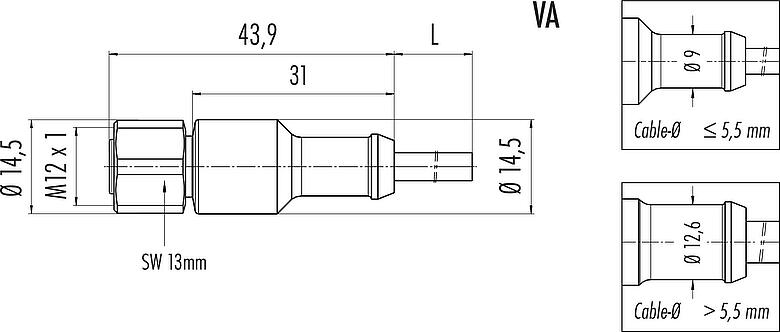 Dessin coté M12 Connecteur femelle, Contacts: 4, non blindé, surmoulé sur le câble, IP68/IP69K, UL 2238, PUR, noir, 4 x 0,34 mm², Acier inoxydable, 2 m