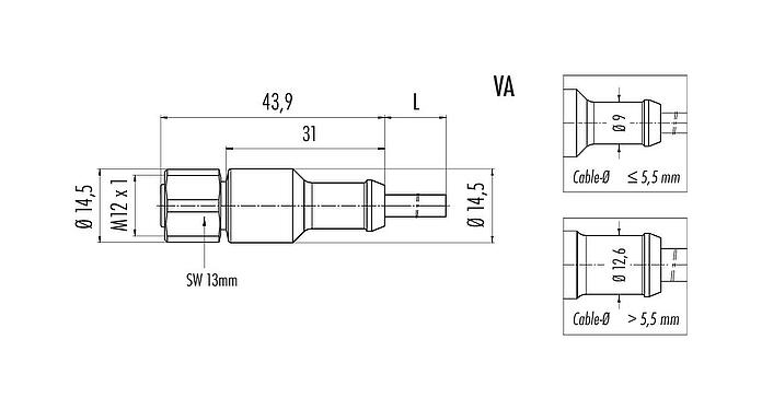Scale drawing M12 Female cable connector, Contacts: 4, unshielded, moulded on the cable, IP68/IP69K, UL 2238, PUR, black, 4 x 0.34 mm², stainless steel, 2 m