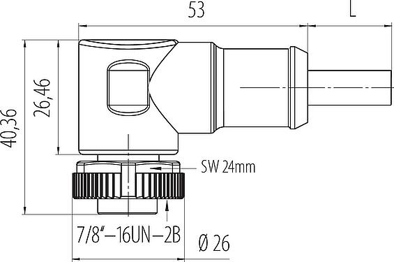 Dessin coté 7/8" Connecteur femelle coudé, Contacts: 3, non blindé, surmoulé sur le câble, IP68, UL 2238, PUR, noir, 3 x 1,50 mm², 5 m