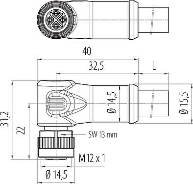 Dibujo a escala M12 Conector hembra en ángulo, Número de contactos: 3+PE, sin blindaje, moldeado en el cable, IP68, UL, PUR, negro, 4 x 1,50 mm², 5 m