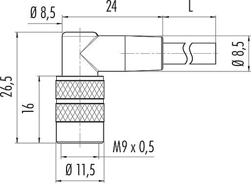 Scale drawing M9 Female angled connector, Contacts: 3, unshielded, moulded on the cable, IP67, PUR, black, 3 x 0.25 mm², 5 m