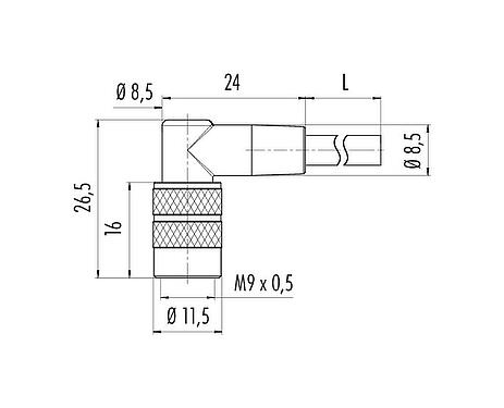 Dibujo a escala M9 Conector hembra en ángulo, Número de contactos: 8, sin blindaje, moldeado en el cable, IP67, PUR, negro, 8 x 0,14 mm², 2 m