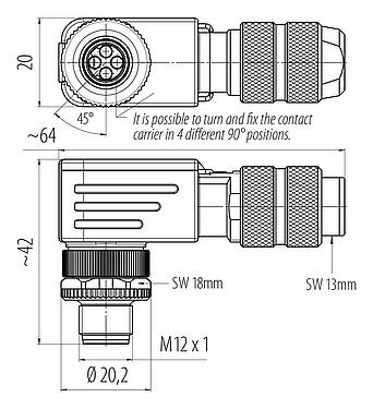 Scale drawing M12 Male angled connector, Contacts: 4, 5.0-8.0 mm, shieldable, crimping (Crimp contacts must be ordered separately), IP67