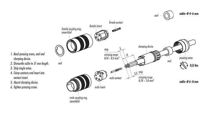 Assembly instructions M16 Male cable connector, Contacts: 6 (06-a), 4.1-7.8 mm, unshielded, crimping (Crimp contacts must be ordered separately), IP67, UL 2238, Short version