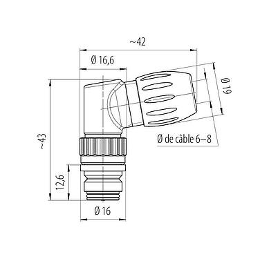 Dessin coté Snap-In Connecteur femelle coudé, Contacts: 3, 6,0-8,0 mm, non blindé, souder, IP67