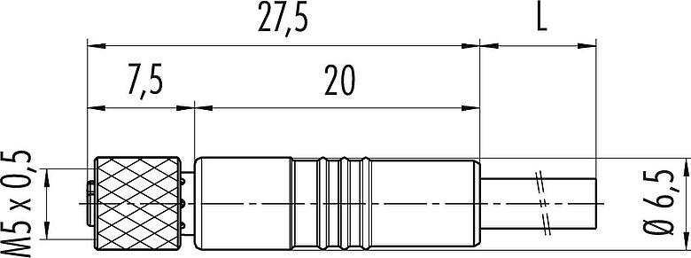 Dibujo a escala M5 Conector de cable hembra, Número de contactos: 3, blindado, moldeado en el cable, IP67, UL 2238, M5x0,5, PUR, negro, 3 x 0,14 mm², 5 m