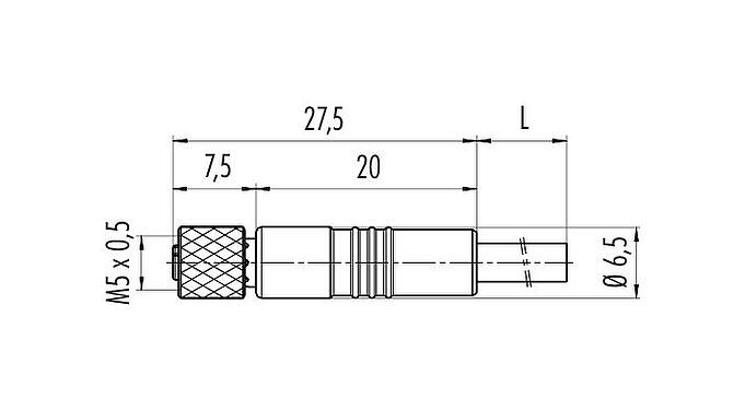 Scale drawing M5 Female cable connector, Contacts: 4, shielded, moulded on the cable, IP67, UL 2238, M5x0.5, PUR, black, 4 x 0.14 mm², 2 m