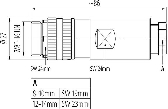 Dibujo a escala 7/8" Conector de cable macho, Número de contactos: 2+PE, 8,0-10,0 mm, sin blindaje, tornillo extraíble, IP67, UL 2238, VDE