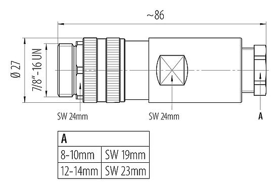 Dibujo a escala 7/8" Conector de cable macho, Número de contactos: 2+PE, 8,0-10,0 mm, sin blindaje, tornillo extraíble, IP67, UL 2238, VDE