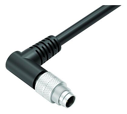 Illustration M9 Male angled connector, Contacts: 3, shielded, moulded on the cable, IP67, PUR, black, 5 x 0.25 mm², 5 m