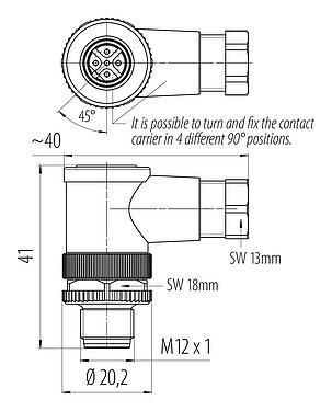 Dessin coté M12 Connecteur mâle coudé, Contacts: 5, 4,0-6,0 mm, non blindé, pince à visser, IP67, UL 2238