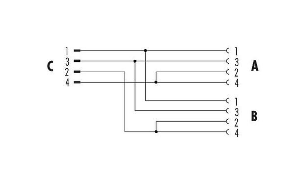 Diseño del cable M12 Distribuidor doble, distribuidor de Y, macho - 2 tomas, Número de contactos: 4, sin blindaje, enchufable, IP68, UL 2238