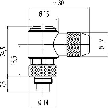 Scale drawing M9 Male angled connector, Contacts: 2, 3.5-5.0 mm, shieldable, solder, IP67