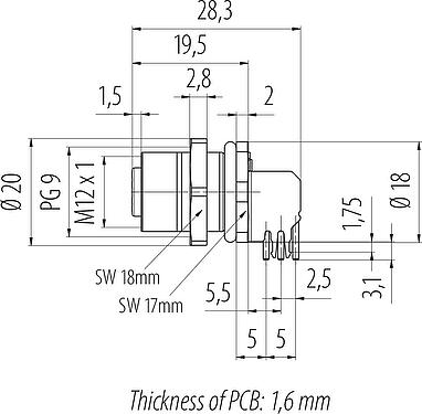 Scale drawing M12 Female panel mount connector, Contacts: 4, shieldable, THT, IP68, UL 2238, PG 9, Rear mounting, potted