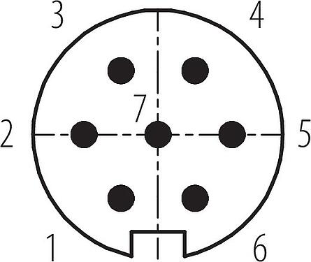 Disposition des contacts (Côté plug-in) M16 Connecteur mâle, Contacts: 7 (07-a), 4,0-6,0 mm, blindable, souder, IP67, UL 2238
