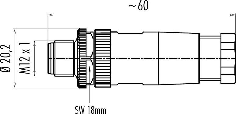 Dessin coté M12 Connecteur mâle, Contacts: 5, 4,0-6,0 mm, non blindé, pince à visser, IP67, UL 2238