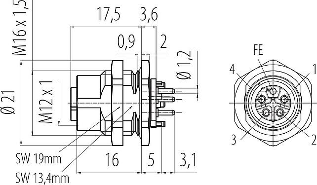 Dibujo a escala M12 Toma de brida, Número de contactos: 4+FE, sin blindaje, THR, IP67, UL 2238, M16x1,5, Montaje en pared