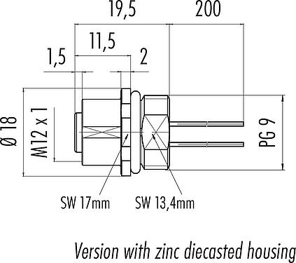 Dessin coté M12 Embase femelle, Contacts: 4, non blindé, fils, IP68, UL 2238, PG 9, Montage frontal
