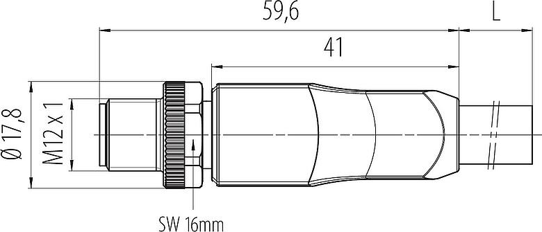 Dibujo a escala M12 Conector de cable macho, Número de contactos: 4+PE, sin blindaje, moldeado en el cable, IP68, UL 2238, PUR, negro, 5 x 2,50 mm², 2 m