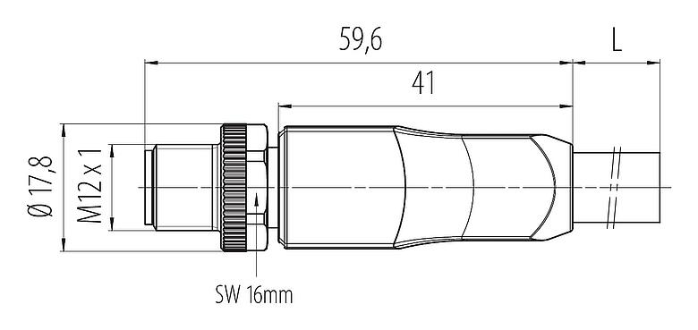 Dibujo a escala M12 Conector de cable macho, Número de contactos: 4+PE, sin blindaje, moldeado en el cable, IP68, UL 2238, PUR, negro, 5 x 1,50 mm², 2 m