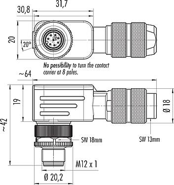 Scale drawing M12 Male angled connector, Contacts: 8, 5.0-8.0 mm, shieldable, screw clamp, IP67, UL 2238, iris spring