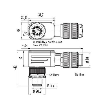Dessin coté M12 Connecteur mâle coudé, Contacts: 8, 5,0-8,0 mm, blindable, pince à visser, IP67, UL 2238, ressort à iris