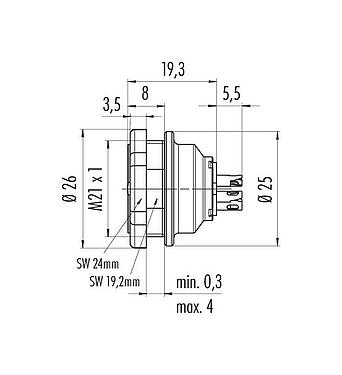 Scale drawing Push Pull Female panel mount connector, Contacts: 7, shieldable, solder, IP67, M21x1,0, Rear mounting
