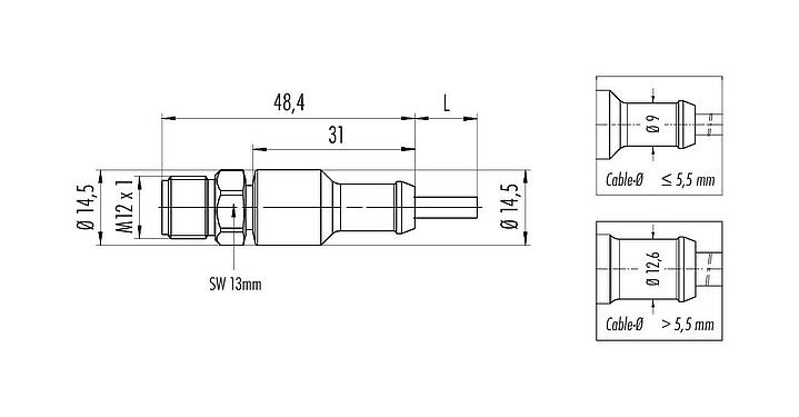 Scale drawing M12 Male cable connector, Contacts: 3, unshielded, moulded on the cable, IP67/IP69K, Ecolab, FDA compliant, Special TPE, grey, 3 x 0.34 mm², stainless steel, 5 m