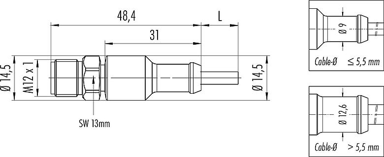 Dibujo a escala M12 Conector de cable macho, Número de contactos: 12, sin blindaje, moldeado en el cable, IP67/IP69K, UL 2238, Ecolab, PVC, gris, 12 x 0,25 mm², Acero inoxidable, 2 m