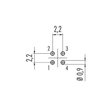 Conductor layout M9 Female panel mount connector, Contacts: 4, unshielded, THT, IP40, M9x0,5, Front mounting