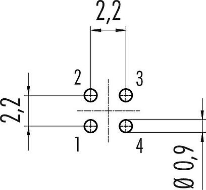 Conductor layout M9 Female panel mount connector, Contacts: 4, unshielded, THT, IP40, M9x0,5, Front mounting