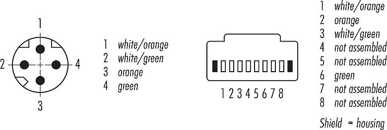 Disposition des contacts (Côté plug-in) M8 Câble de raccordement connecteur mâle - connecteur RJ45, Contacts: 4, blindé, moulé/sertissage, IP67, UL, Ethernet CAT5e, TPE, bleu/vert, 2 x 2 x AWG 24, 0,3 m
