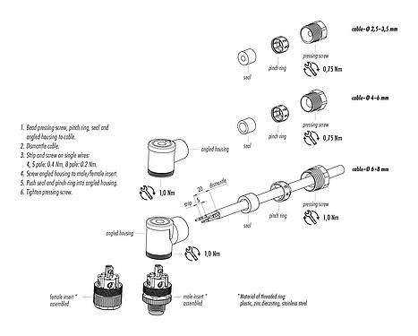 Assembly instructions M12 Male angled connector, Contacts: 4, 8.0-10.0 mm, unshielded, screw clamp, IP67, UL 2238, VDE, for the power supply