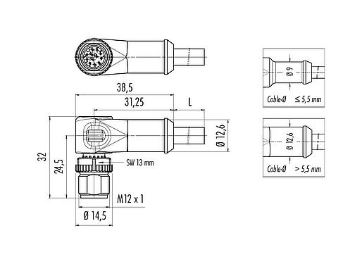 Dessin coté M12 Connecteur mâle coudé, Contacts: 12, non blindé, surmoulé sur le câble, IP68/IP69K, UL 2238, PUR, noir, 12 x 0,25 mm², 10 m