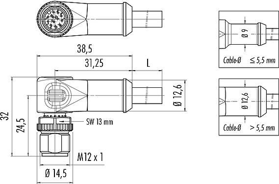 Scale drawing M12 Male angled connector, Contacts: 12, unshielded, moulded on the cable, IP68/IP69K, UL 2238, PUR, black, 12 x 0.25 mm², 2 m