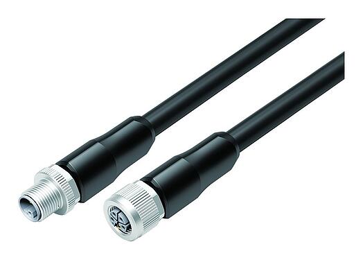 Ilustración M12 Conector de cable macho - conector de cable hembra, Número de contactos: 4+FE, sin blindaje, moldeado en el cable, IP68, UL 2238, PUR, negro, 5 x 1,50 mm², UL en preparación, 2 m