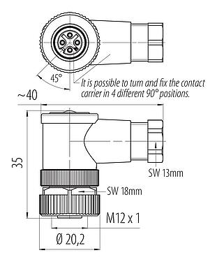 Scale drawing M12 Female angled connector, Contacts: 4, 4.0-6.0 mm, unshielded, crimping (Crimp contacts must be ordered separately), IP67, UL 2238