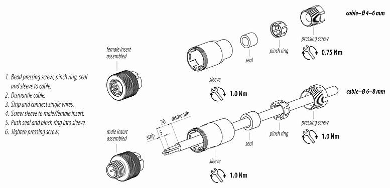Instrucción de montaje M12 Conector de cable macho, Número de contactos: 2+PE, 6,0-8,0 mm, sin blindaje, tornillo extraíble, IP67, UL