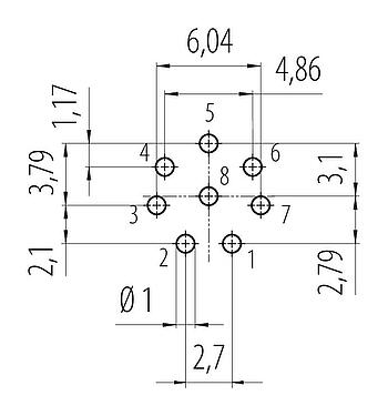 Conductor layout Snap-In Female panel mount connector, Contacts: 8, unshielded, THT, IP67, M12x1.0, Front mounting