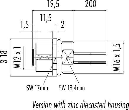 Dessin coté M12 Embase femelle, Contacts: 4, non blindé, fils, IP68, UL 2238, M16x1,5, Montage frontal