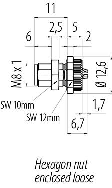 Scale drawing M8 Male panel mount connector, Contacts: 3, solder, IP67/IP69K, M10x0.75, Rear mounting, with solder cups