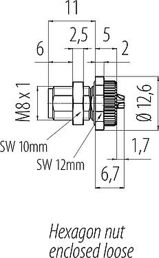 Dibujo a escala M8 Enchufe de brida, Número de contactos: 3, soldadura, IP67/IP69K, M10x0,75, Montaje en pared, con copas de soldadura
