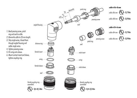 Assembly instructions M16 Female angled connector, Contacts: 2 (02-a), 6.0-8.0 mm, unshielded, solder, IP67