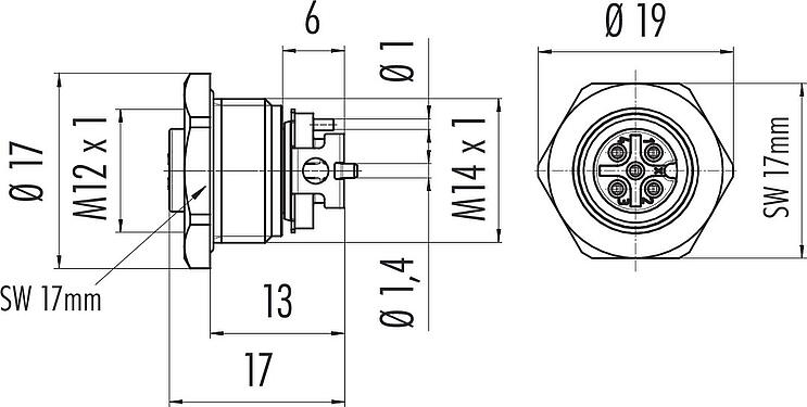 Dibujo a escala M12 Toma de brida, Número de contactos: 5, sin blindaje, SMT, IP67, M14x1,0, Montaje frontal
