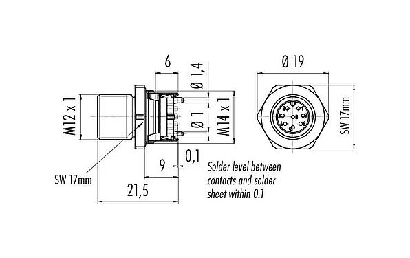 Dessin coté M12 Embase mâle, Contacts: 8, blindable, SMT, IP67, M12x1,0, Montage frontal