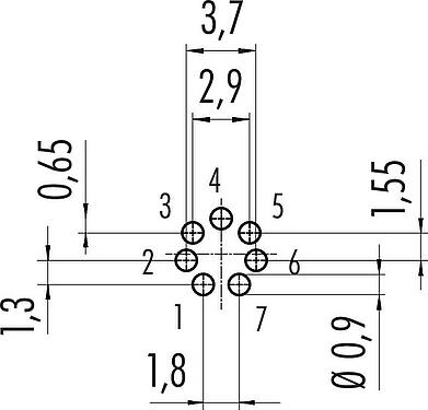 Conductor layout M9 Female panel mount connector, Contacts: 7, unshielded, THT, M9x0,5, Rear mounting