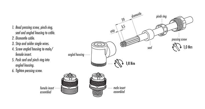 Instructions de montage M12 Connecteur mâle coudé, Contacts: 12, 6,0-8,0 mm, non blindé, souder, IP67, UL 2238