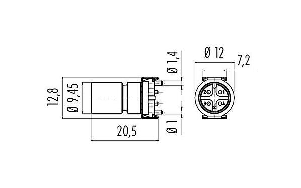 Scale drawing M12 Male receptacle, Contacts: 4, unshielded, SMT, IP67